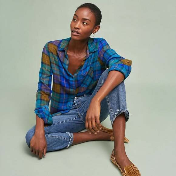 Anthropologie cloth & stone Shoshone Plaid Buttondown in Turquoise - sz Small - Picture 1 of 10